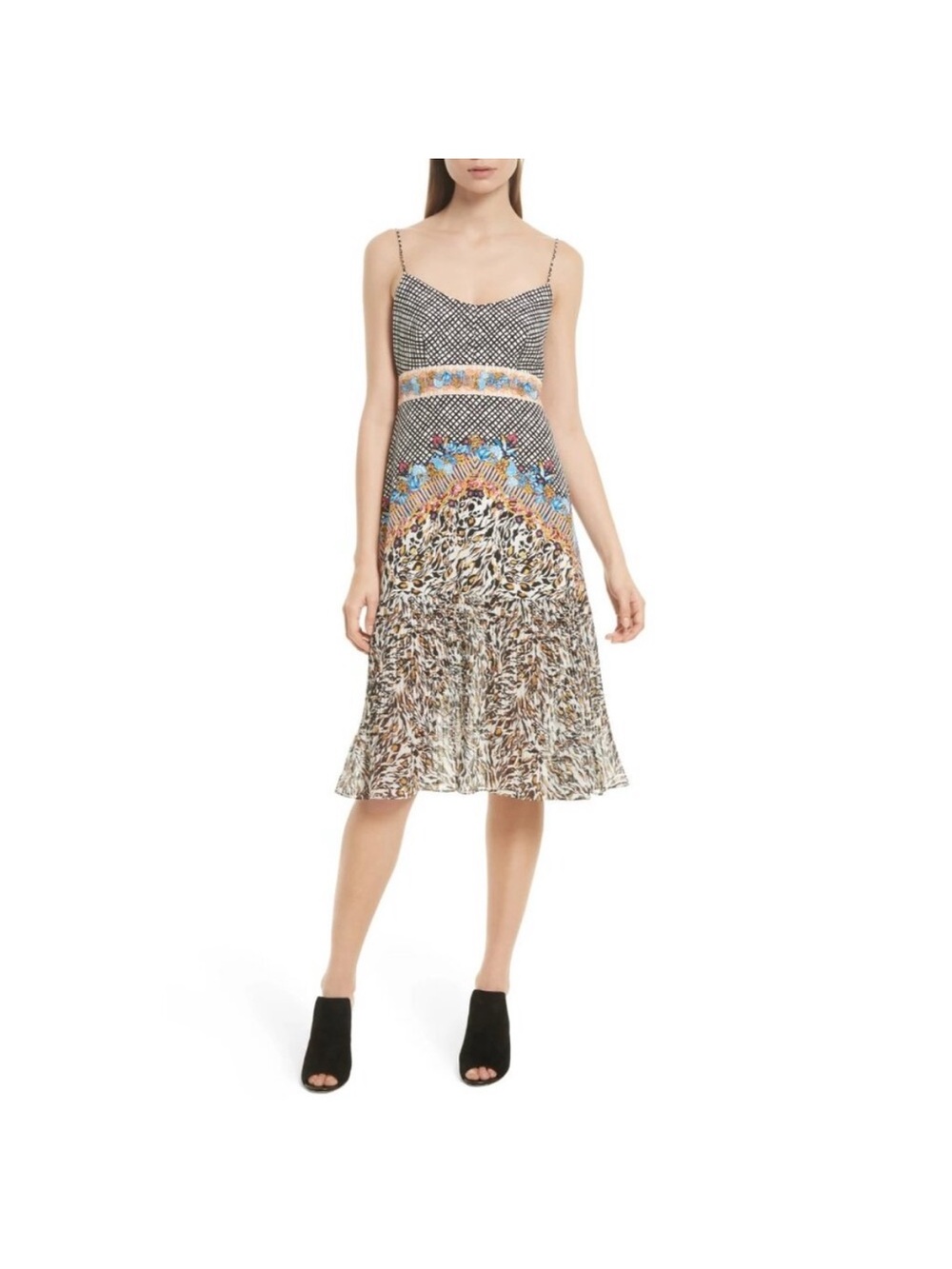 Saloni Veronica Printed Spaghetti-Strap Midi Dress size 4